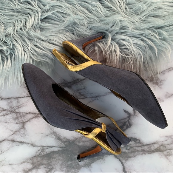 SOLD✨VTG Yves Saint Laurent Navy/Gold Fabric Sling - Picture 8 of 8